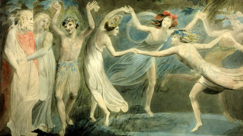 The painting titled Oberon, Titania and Puck with Fairies Dancing by William Blake