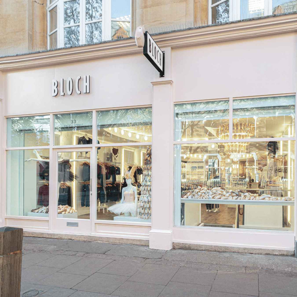 BLOCH London Flagship Storefront with light pink exterior and white signage