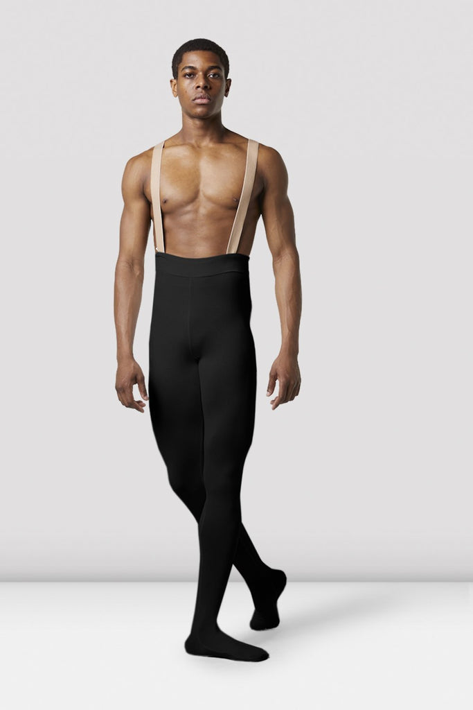 Black Bloch Mens Performance Footed Dance Tight on male model parallel feet with right foot en pointe with arms by side facing back