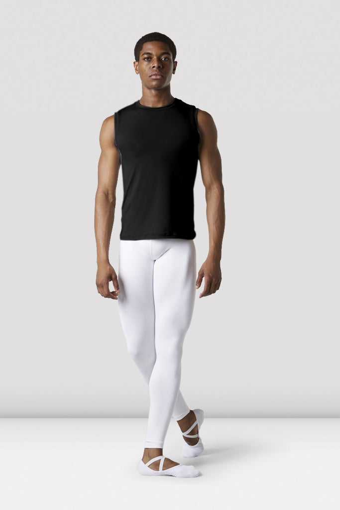 White Bloch Mens Full Length Dance Tight on male model in classical position with arms by side with black top