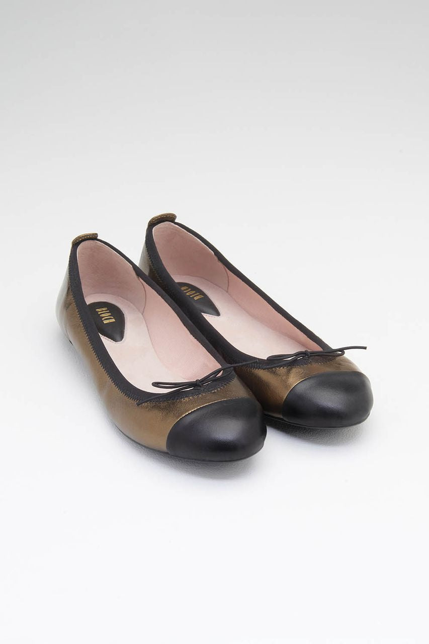 CHANEL gold bronze metallic black leather patent ballet heels pumps 8.5 9  38.5